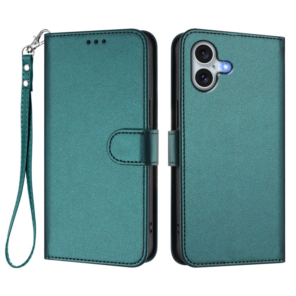 For iPhone 16 Plus Leather Case Wallet Stand Phone Cover with Wrist Strap - Green