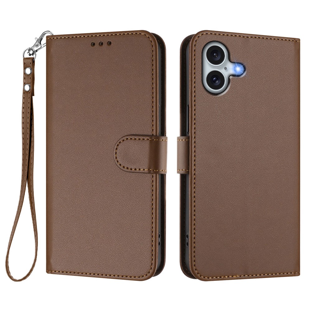 For iPhone 16 Plus Leather Case Wallet Stand Phone Cover with Wrist Strap - Brown