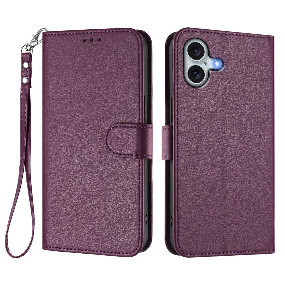 For iPhone 16 Plus Leather Case Wallet Stand Phone Cover with Wrist Strap - Purple