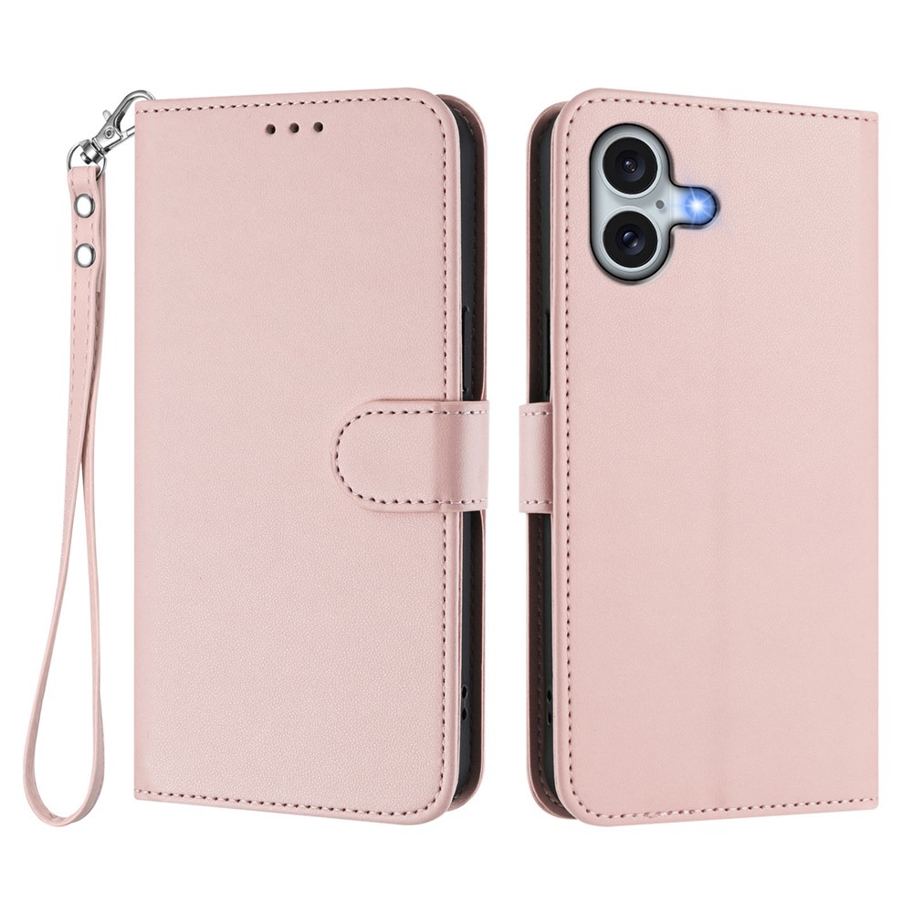 For iPhone 16 Plus Leather Case Wallet Stand Phone Cover with Wrist Strap - Pink