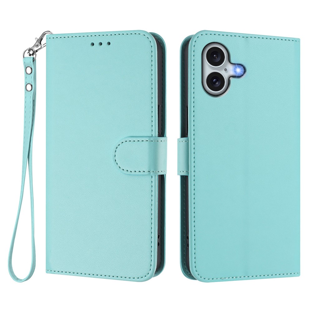 For iPhone 16 Plus Leather Case Wallet Stand Phone Cover with Wrist Strap - Mint Green