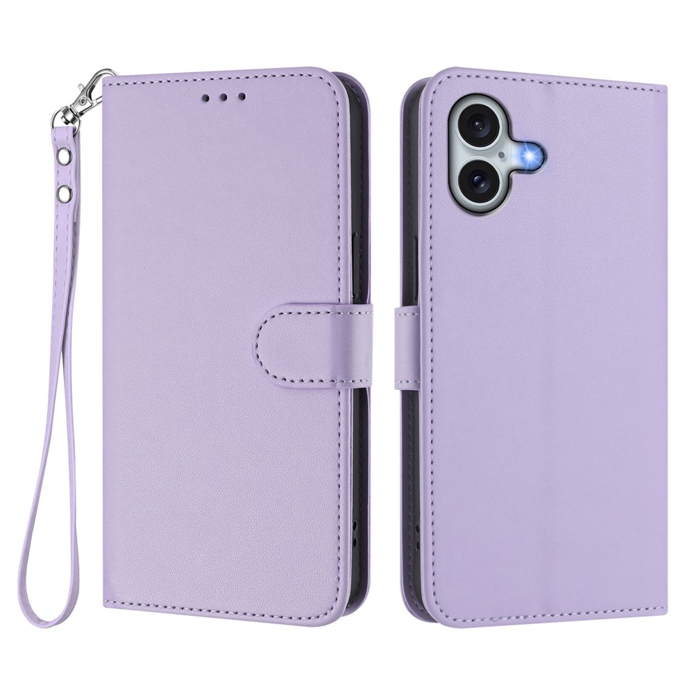 For iPhone 16 Plus Leather Case Wallet Stand Phone Cover with Wrist Strap - Light Purple