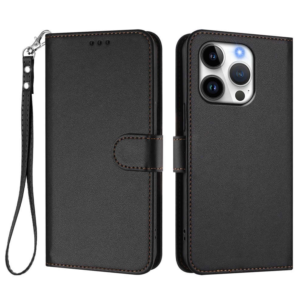 For iPhone 16 Pro Leather Case Wallet Stand Phone Cover with Wrist Strap - Black