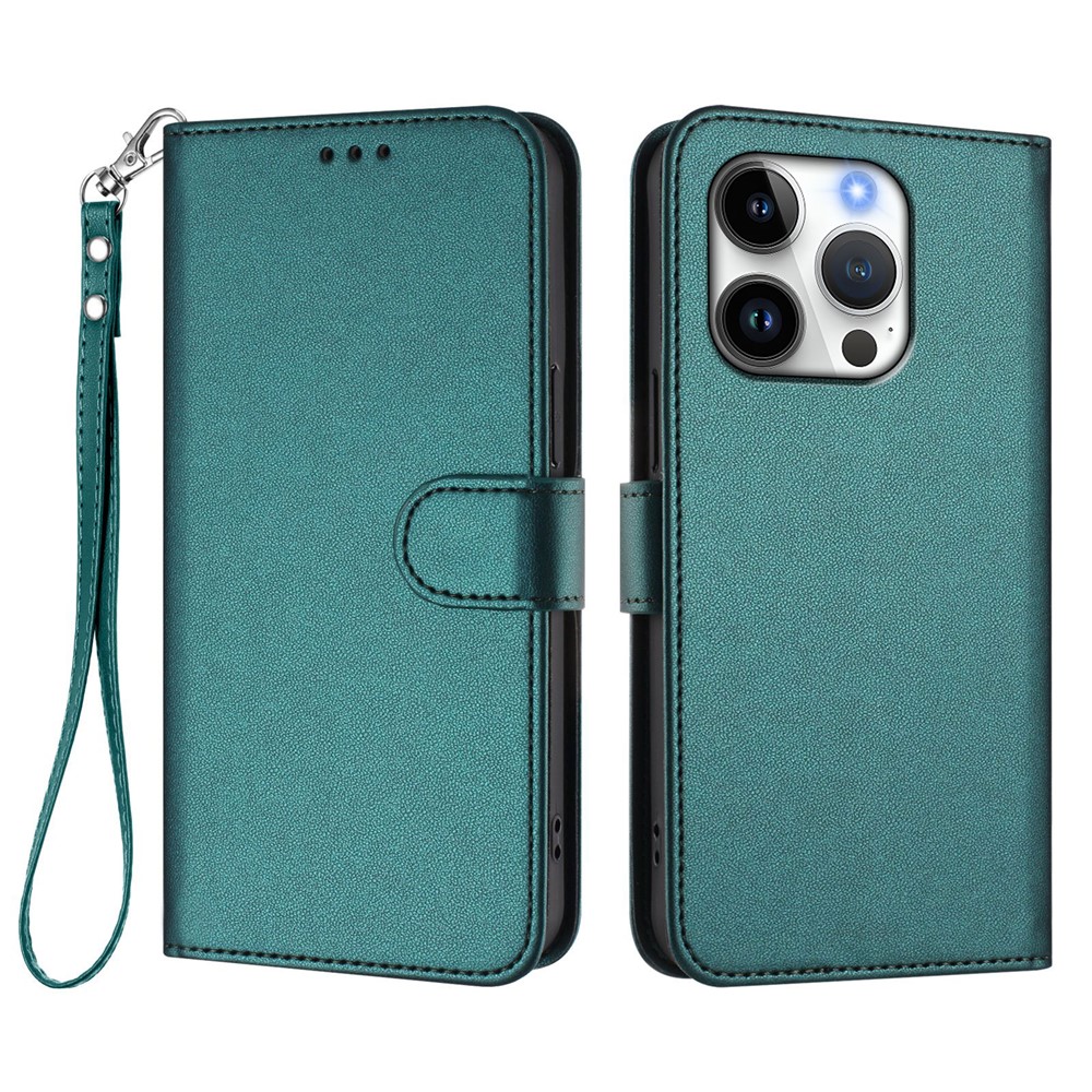 For iPhone 16 Pro Leather Case Wallet Stand Phone Cover with Wrist Strap - Green
