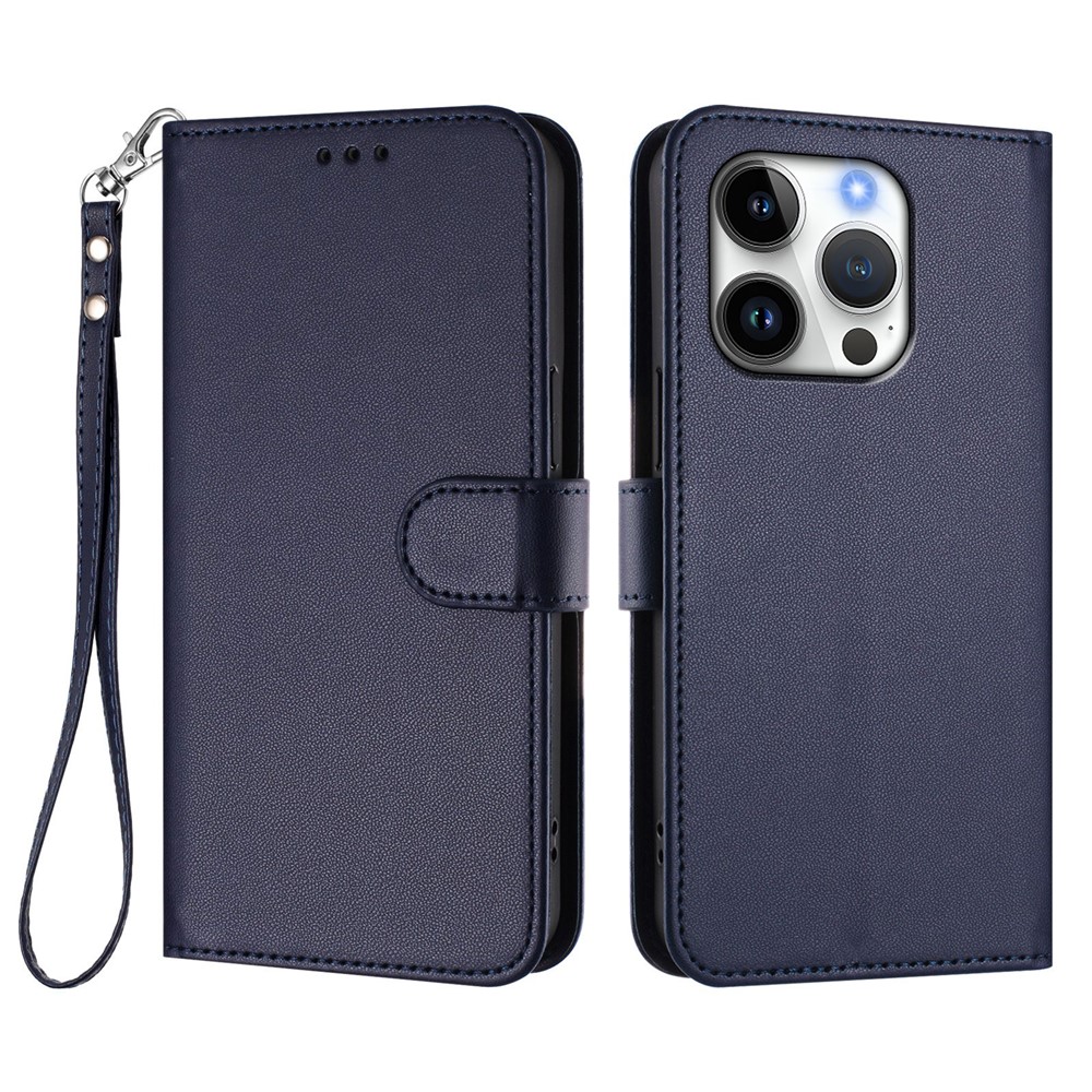 For iPhone 16 Pro Leather Case Wallet Stand Phone Cover with Wrist Strap - Blue