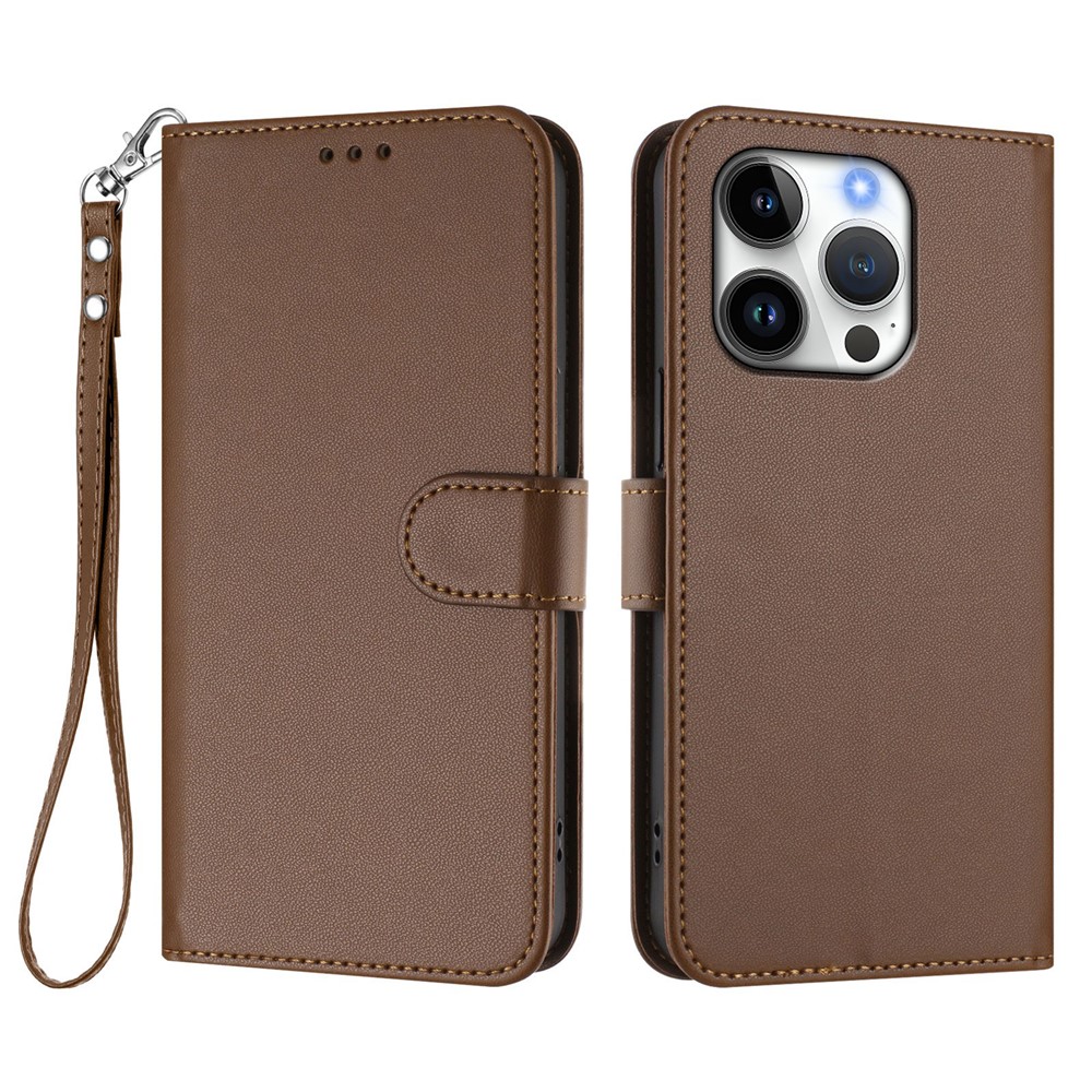 For iPhone 16 Pro Leather Case Wallet Stand Phone Cover with Wrist Strap - Brown