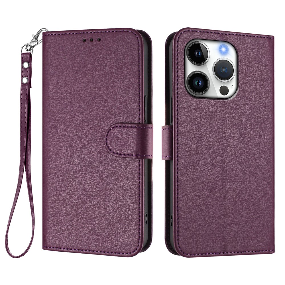 For iPhone 16 Pro Leather Case Wallet Stand Phone Cover with Wrist Strap - Purple