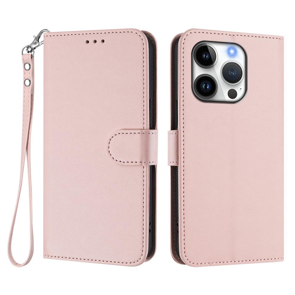 For iPhone 16 Pro Leather Case Wallet Stand Phone Cover with Wrist Strap - Pink
