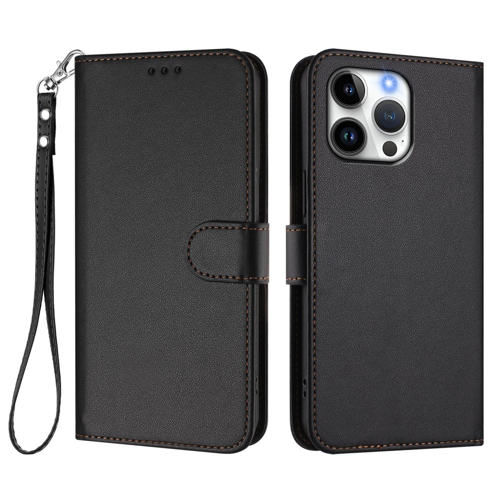 For iPhone 16 Pro Max Leather Case Wallet Stand Phone Cover with Wrist Strap - Black