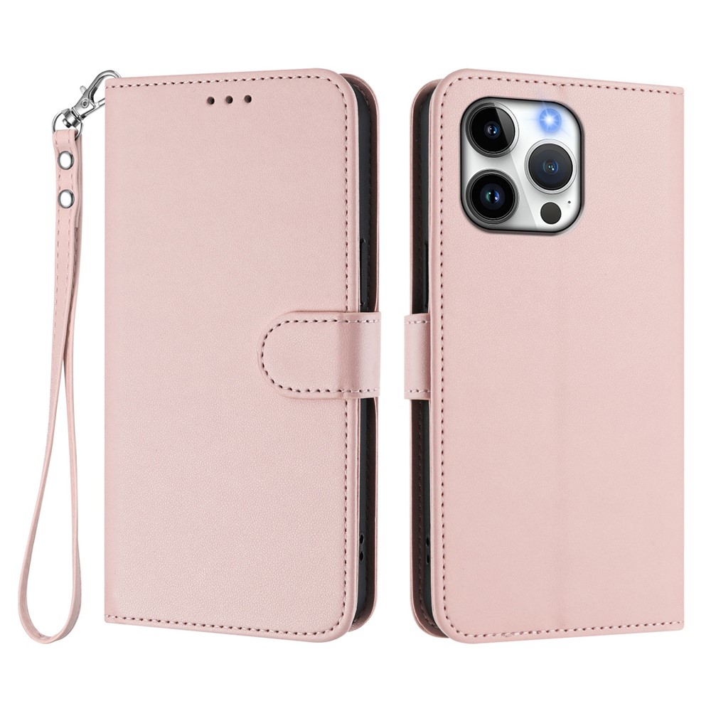 For iPhone 16 Pro Max Leather Case Wallet Stand Phone Cover with Wrist Strap - Pink