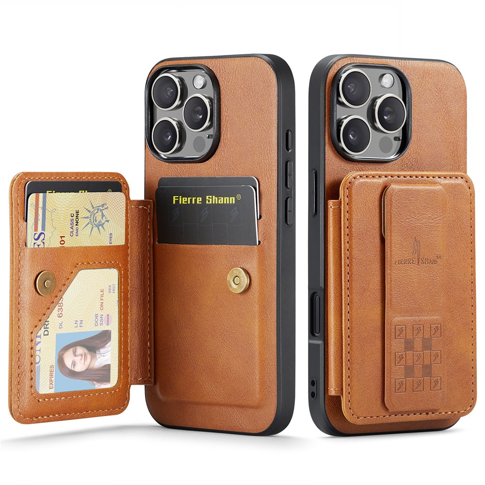 FIERRE SHANN 024 For iPhone 16 Pro Max Case Card Holder Kickstand Waxy Texture Leather + TPU Phone Cover - Brown