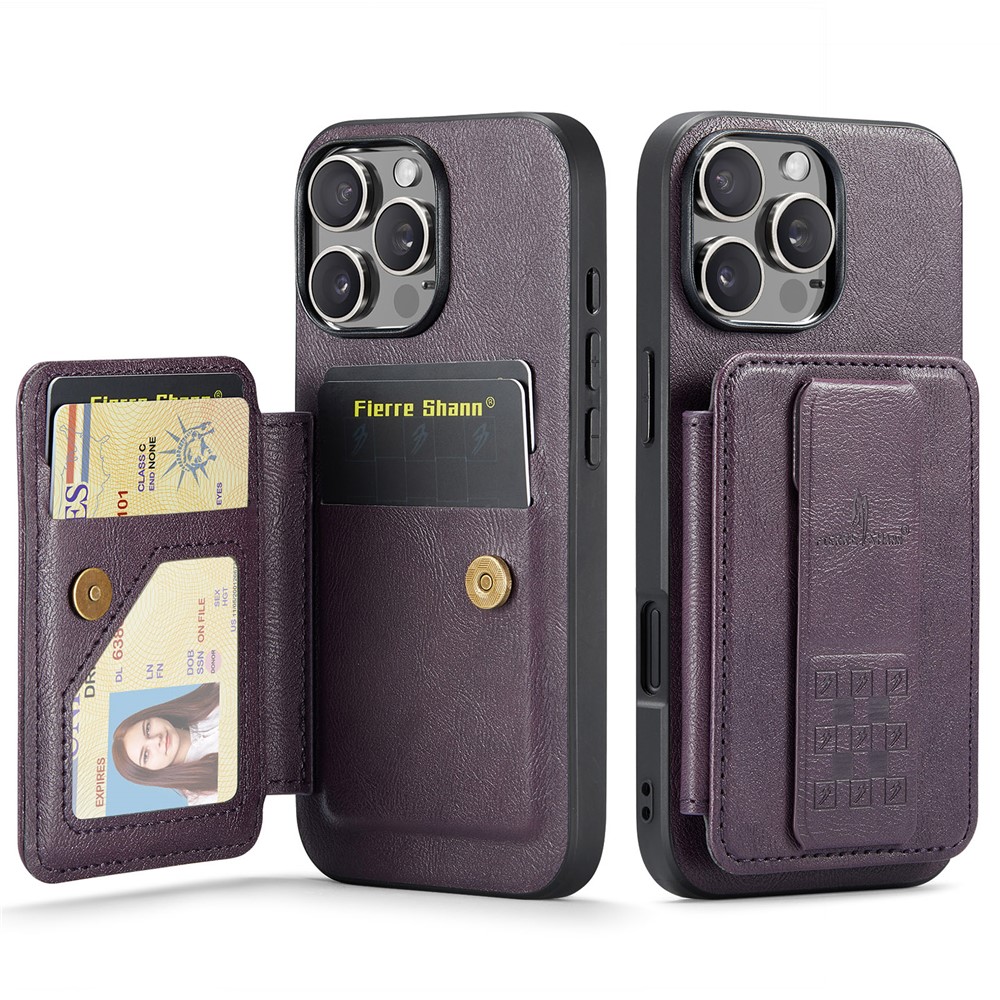 FIERRE SHANN 024 For iPhone 16 Pro Max Case Card Holder Kickstand Waxy Texture Leather + TPU Phone Cover - Purple