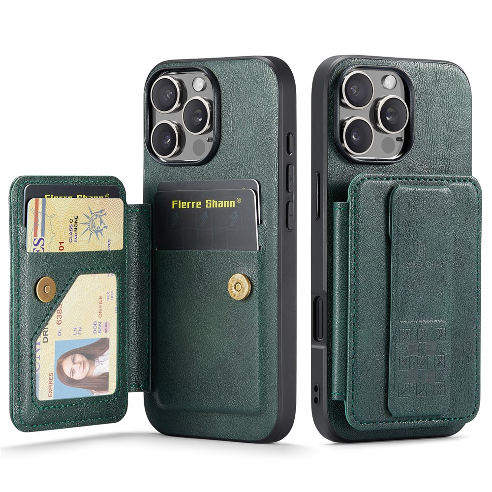 FIERRE SHANN 024 For iPhone 16 Pro Max Case Card Holder Kickstand Waxy Texture Leather + TPU Phone Cover - Green