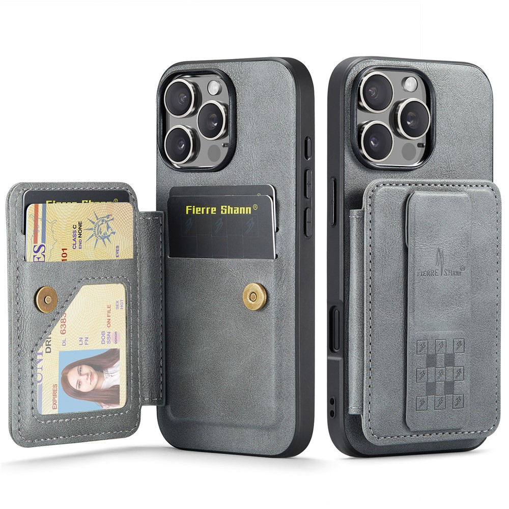 FIERRE SHANN 024 For iPhone 16 Pro Max Case Card Holder Kickstand Waxy Texture Leather + TPU Phone Cover - Grey