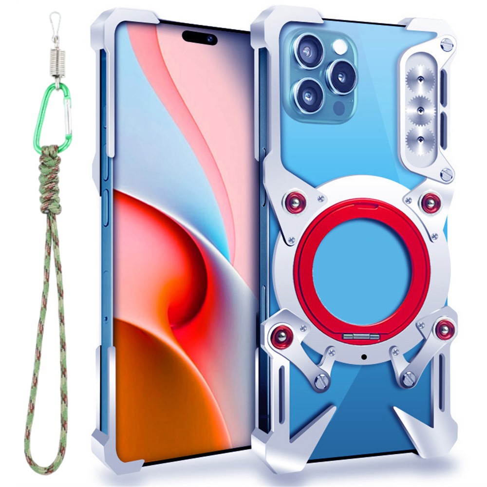 For iPhone 16 Pro Max Bumper Case Kickstand Aluminum Alloy Magnetic Phone Cover with Wrist Strap - Silver