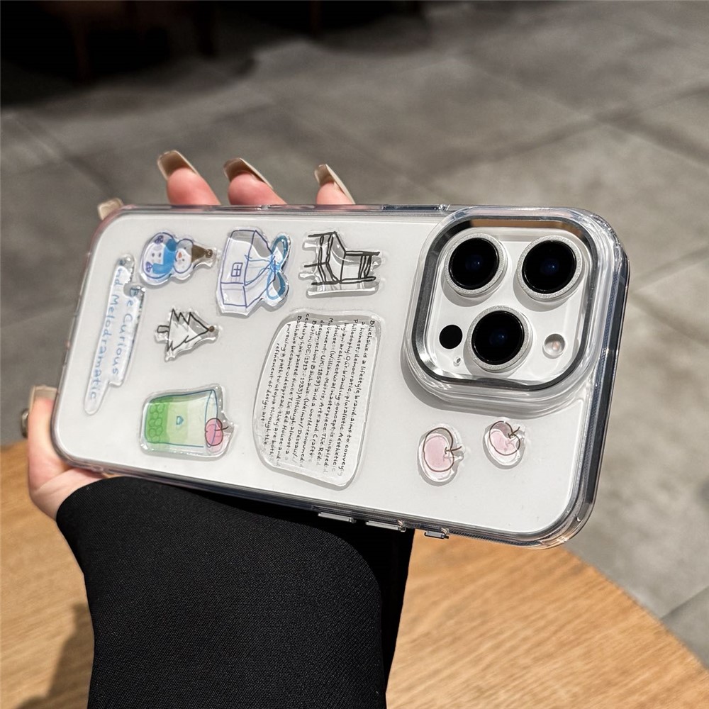 For iPhone 16 Pro Max Clear Phone Case TPU Back Cover with 3D Pattern Sticker - Transparent