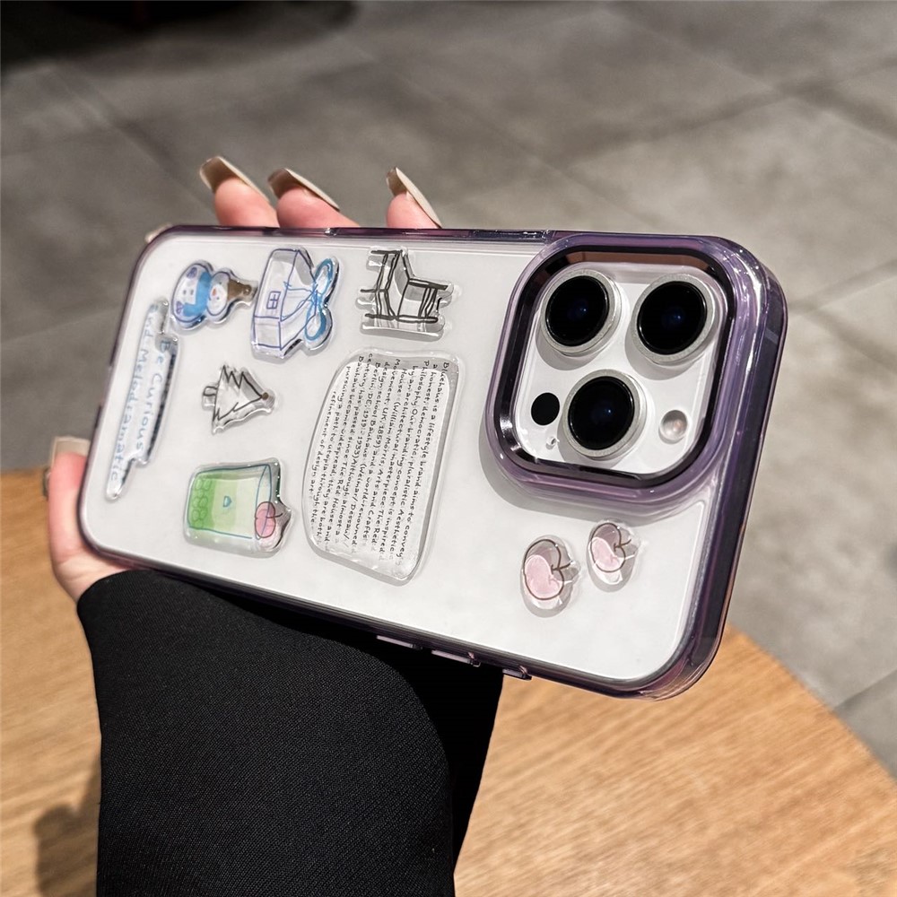 For iPhone 15 Pro Clear Phone Case TPU Back Cover with 3D Pattern Sticker - Transparent Purple