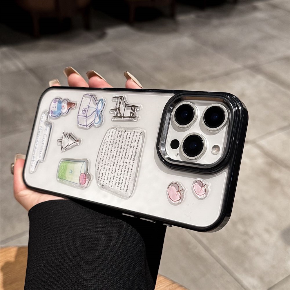 For iPhone 14 Pro Clear Phone Case TPU Back Cover with 3D Pattern Sticker - Transparent Black