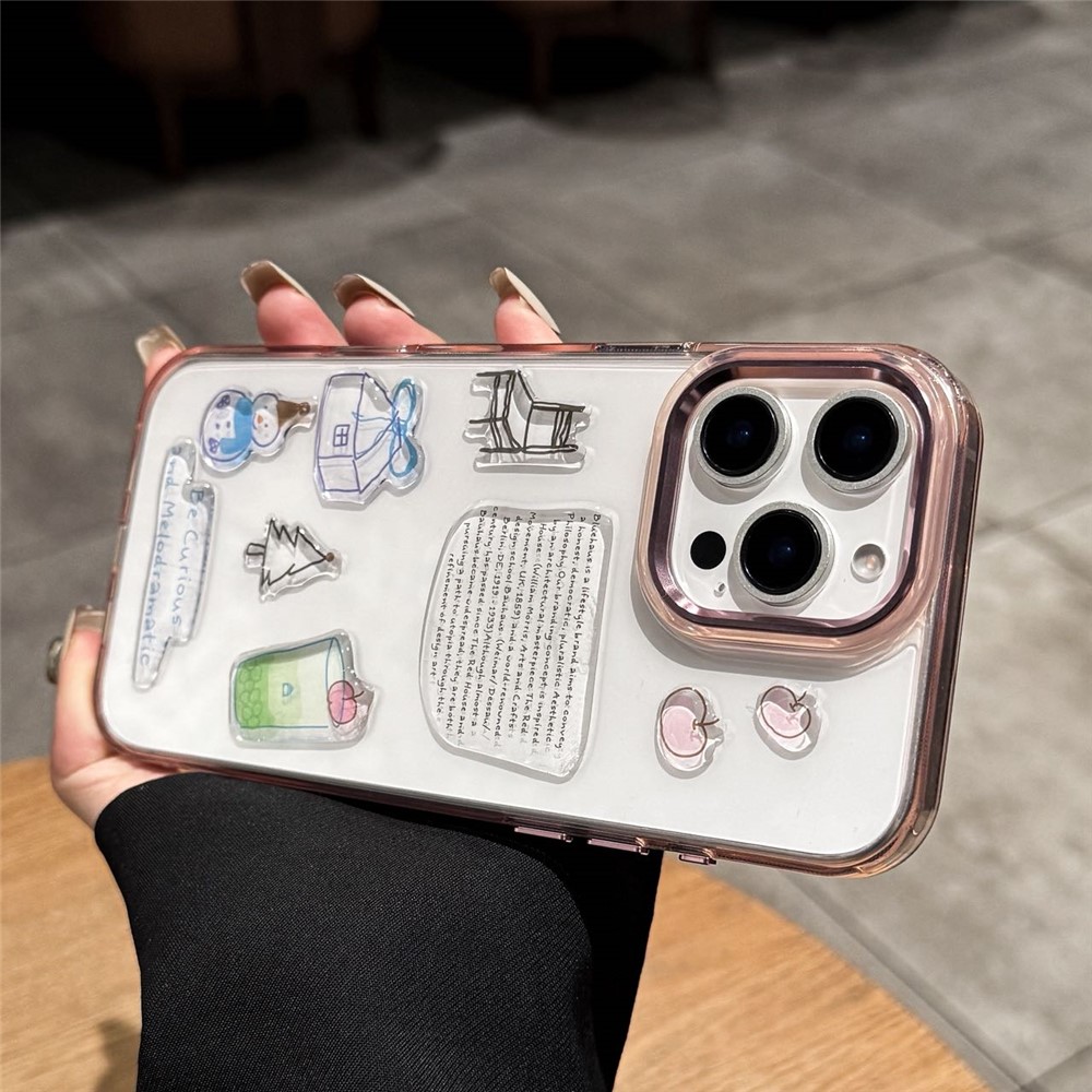 For iPhone 14 Pro Clear Phone Case TPU Back Cover with 3D Pattern Sticker - Transparent Pink