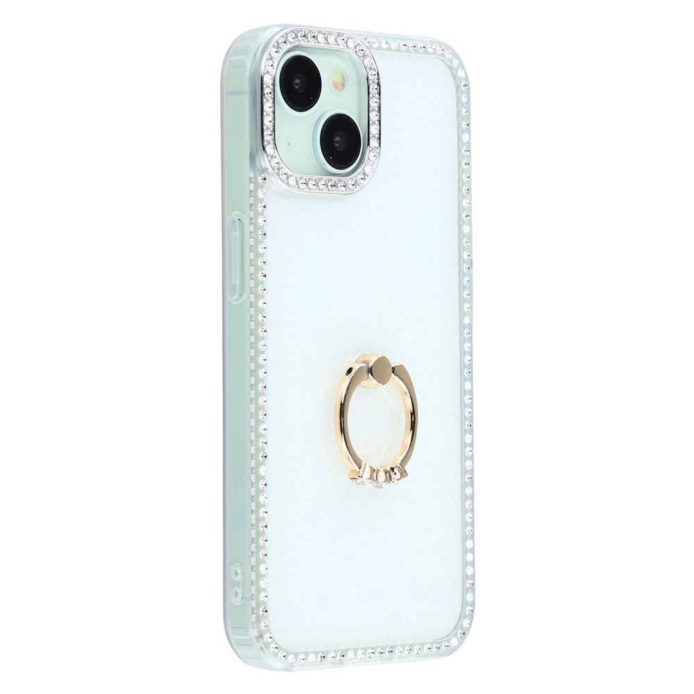 For iPhone 15 Case with Ring Kickstand Rhinestone Edge TPU + PC IMD Phone Cover - Glitter White