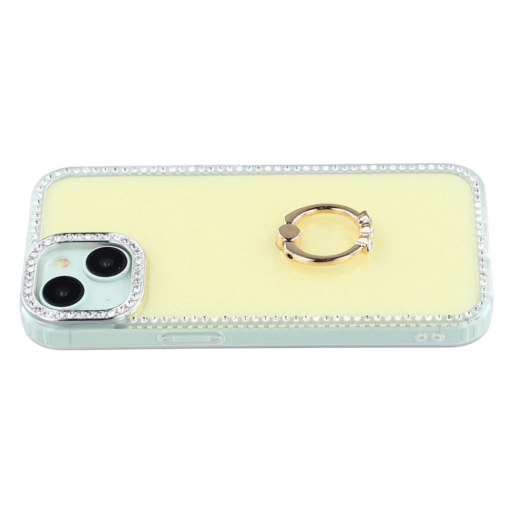 For iPhone 15 Case with Ring Kickstand Rhinestone Edge TPU + PC IMD Phone Cover - Glitter Light Yellow