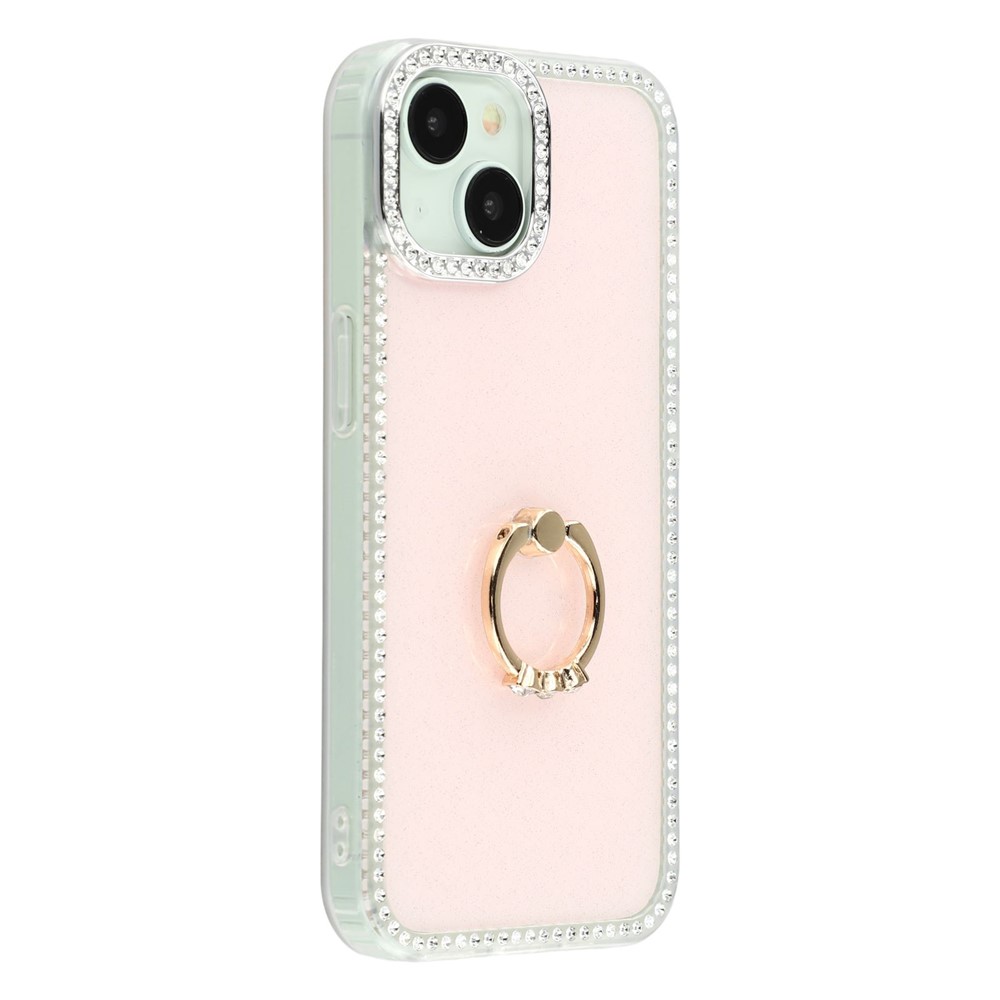 For iPhone 15 Case with Ring Kickstand Rhinestone Edge TPU + PC IMD Phone Cover - Glitter Light Pink