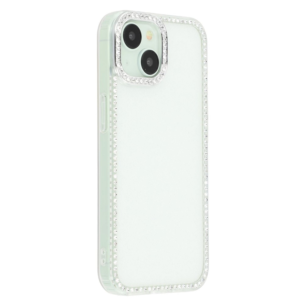 For iPhone 15 Case Rhinestone Edge Glitter Back TPU + PC IMD Phone Cover - Glitter White