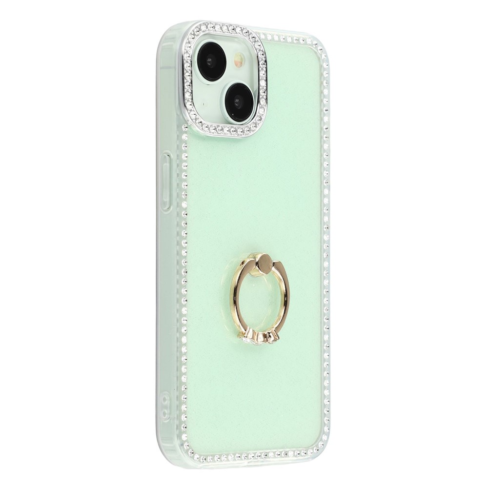 For iPhone 14 / 13 Case with Ring Kickstand Rhinestone Edge TPU + PC IMD Phone Cover - Glitter Light Green