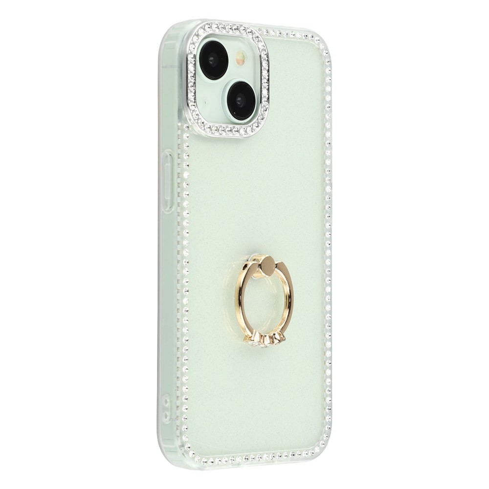 For iPhone 14 / 13 Case with Ring Kickstand Rhinestone Edge TPU + PC IMD Phone Cover - Glitter Transparent