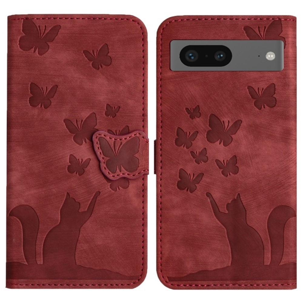 For Google Pixel 8a Leather Case WANLONFENG HDM Series Butterfly Cat Pattern Wallet Phone Cover - Wine Red