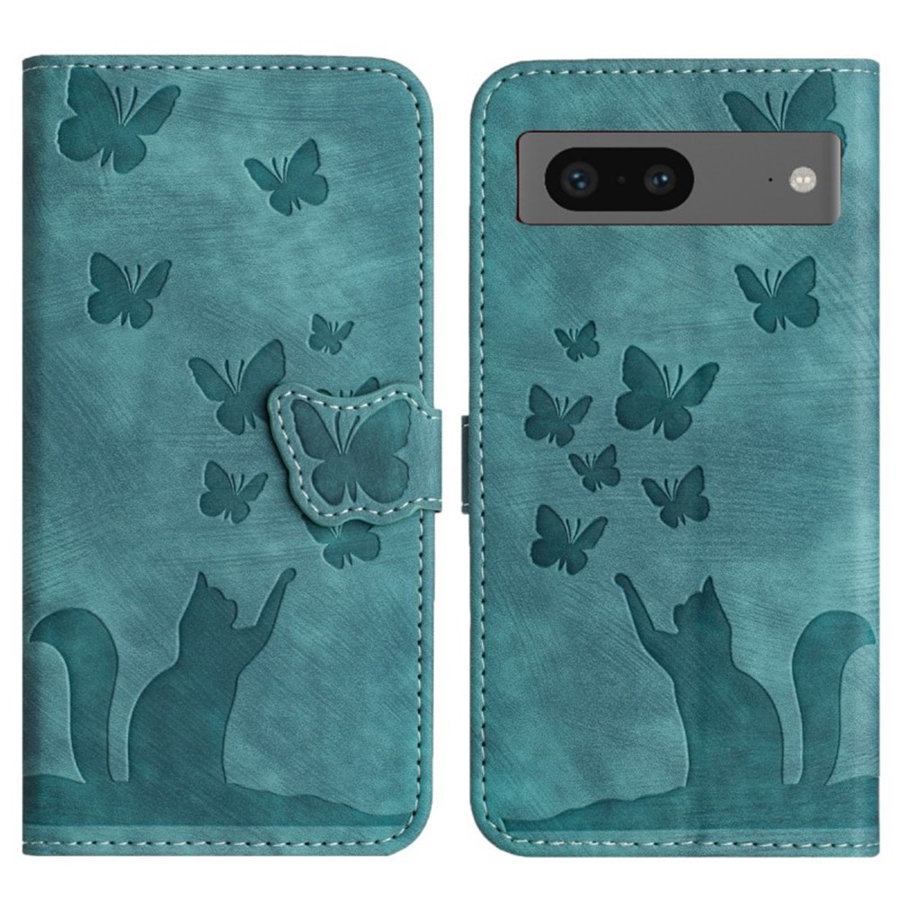 For Google Pixel 8a Leather Case WANLONFENG HDM Series Butterfly Cat Pattern Wallet Phone Cover - Blue