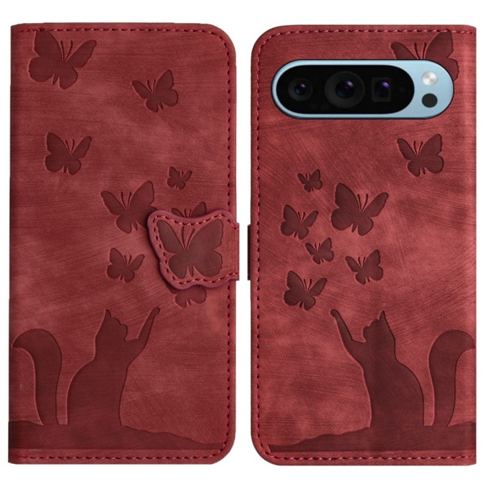 For Google Pixel 9 Pro XL Leather Case WANLONFENG HDM Series Butterfly Cat Pattern Wallet Phone Cover - Wine Red