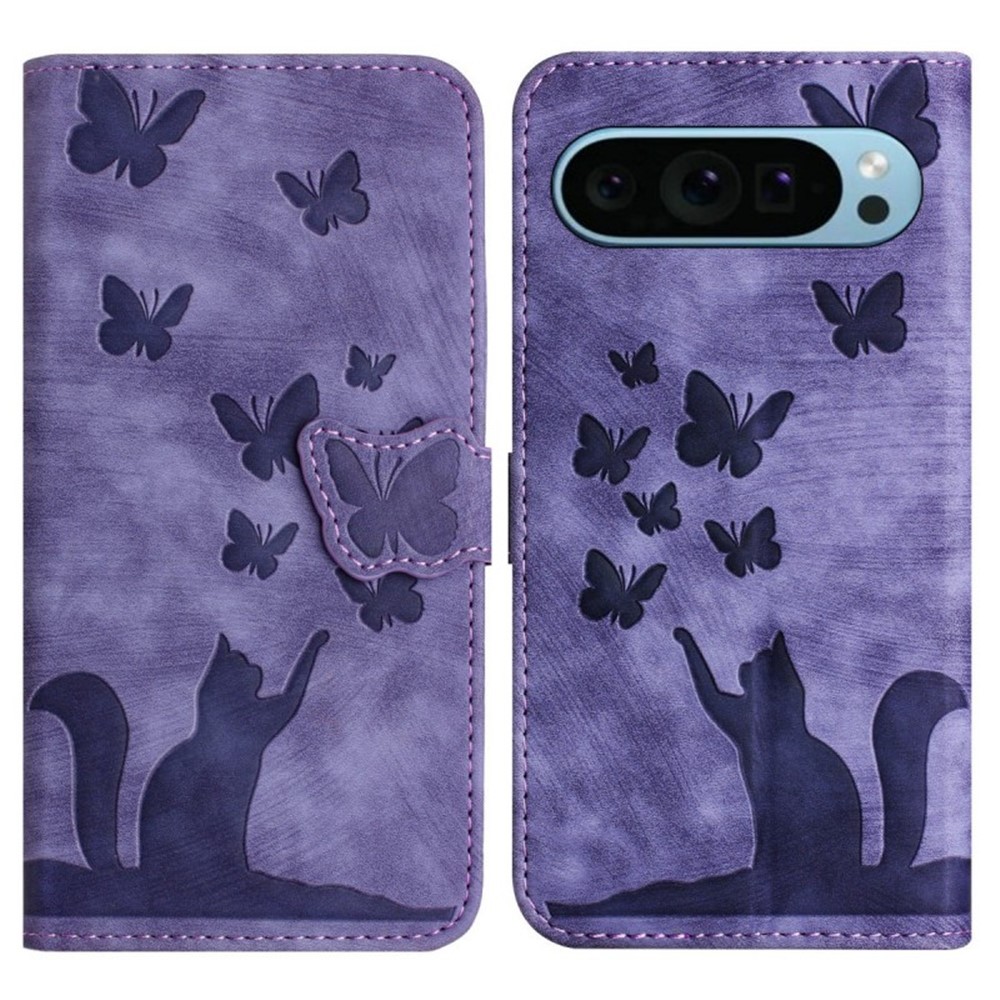 For Google Pixel 9 Pro XL Leather Case WANLONFENG HDM Series Butterfly Cat Pattern Wallet Phone Cover - Purple