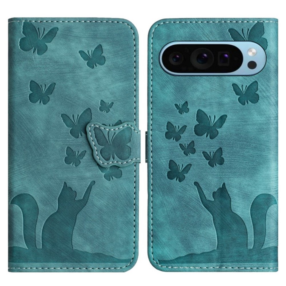 For Google Pixel 9 Pro XL Leather Case WANLONFENG HDM Series Butterfly Cat Pattern Wallet Phone Cover - Blue