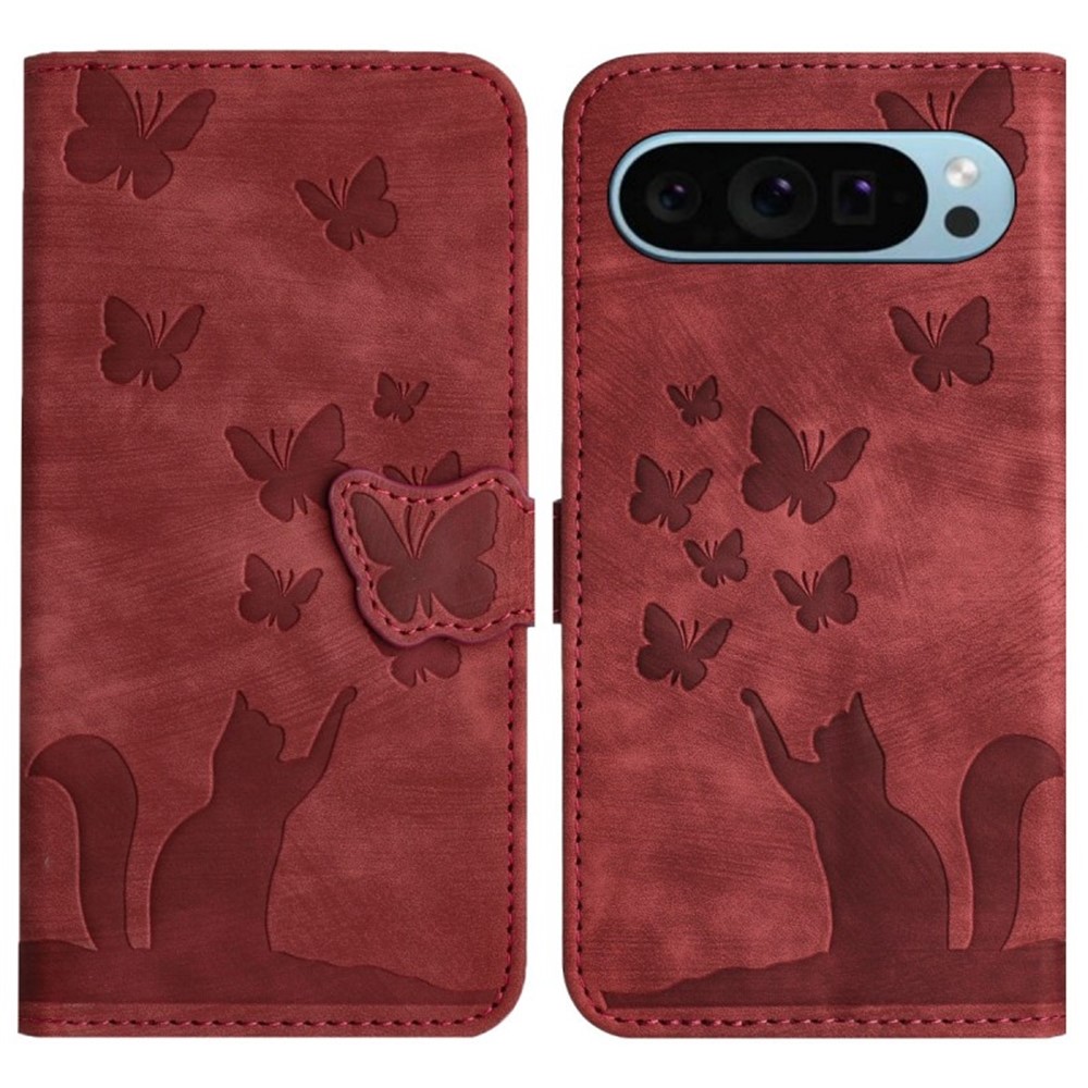 For Google Pixel 9 Pro Leather Case WANLONFENG HDM Series Butterfly Cat Pattern Wallet Phone Cover - Wine Red