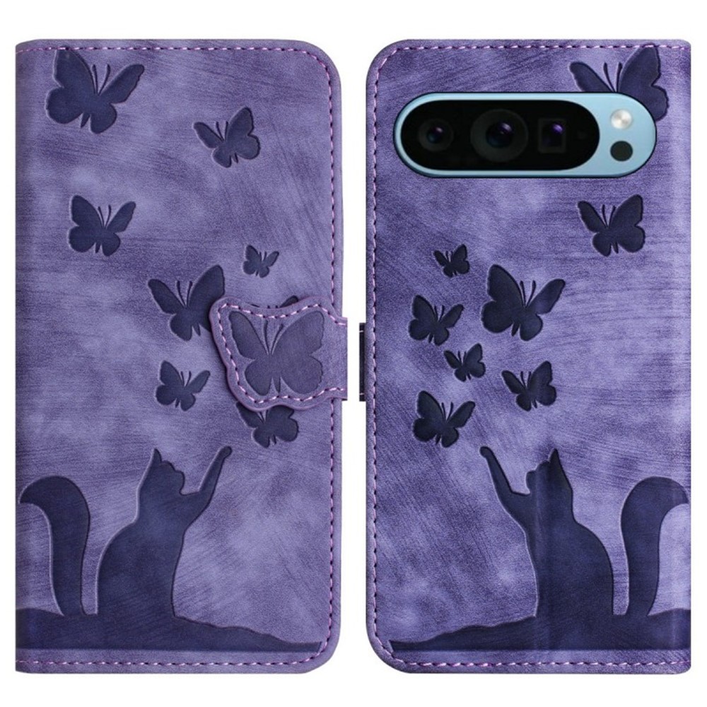 For Google Pixel 9 Pro Leather Case WANLONFENG HDM Series Butterfly Cat Pattern Wallet Phone Cover - Purple