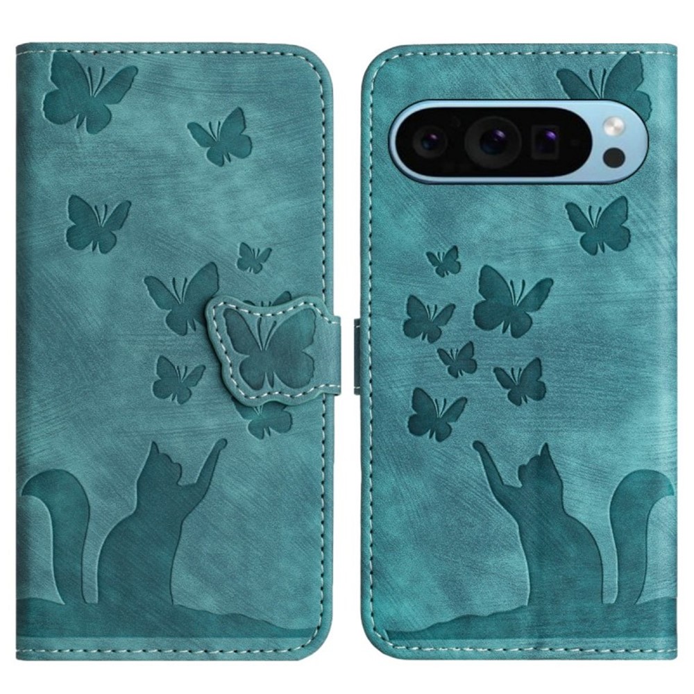 For Google Pixel 9 Pro Leather Case WANLONFENG HDM Series Butterfly Cat Pattern Wallet Phone Cover - Blue