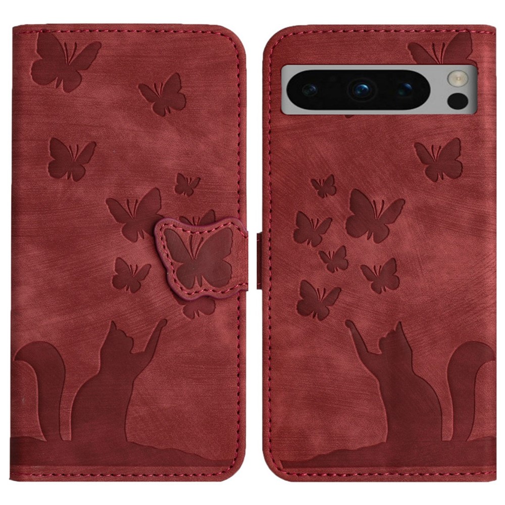For Google Pixel 8 Pro Leather Case WANLONFENG HDM Series Butterfly Cat Pattern Wallet Phone Cover - Wine Red