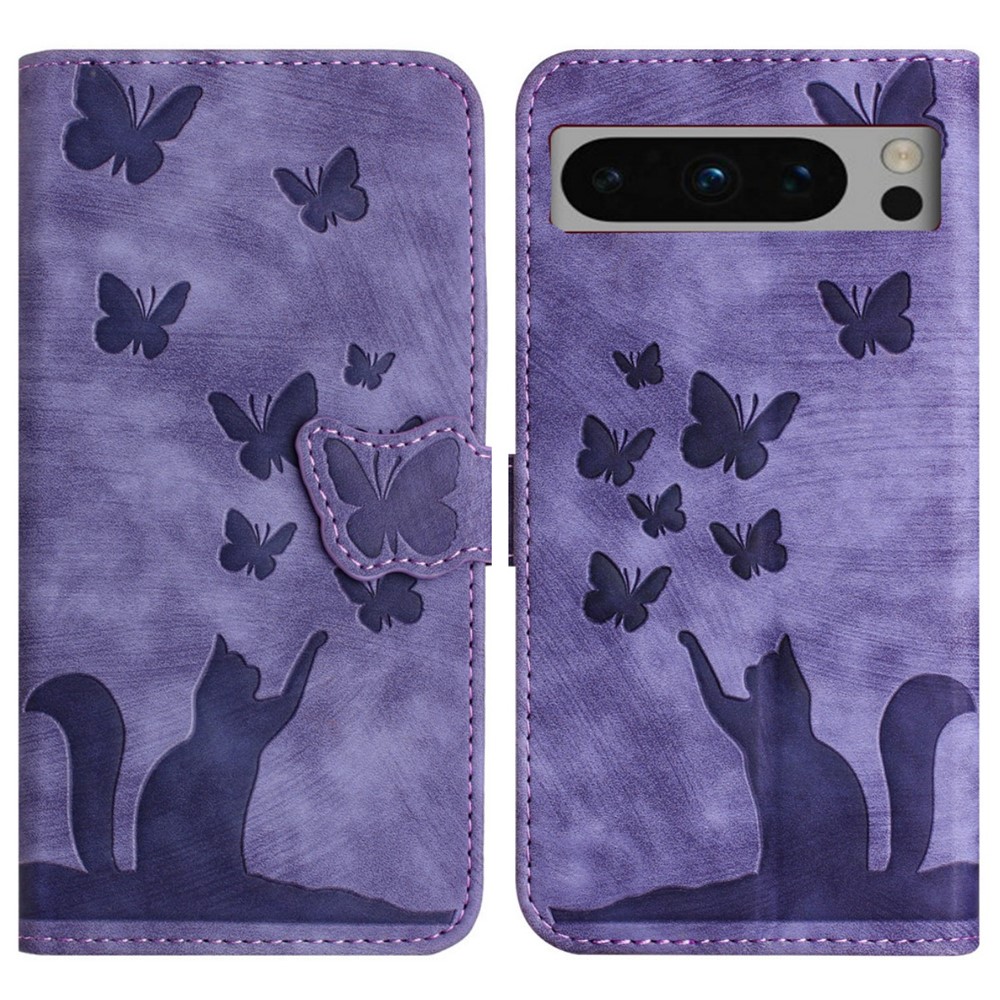 For Google Pixel 8 Pro Leather Case WANLONFENG HDM Series Butterfly Cat Pattern Wallet Phone Cover - Purple