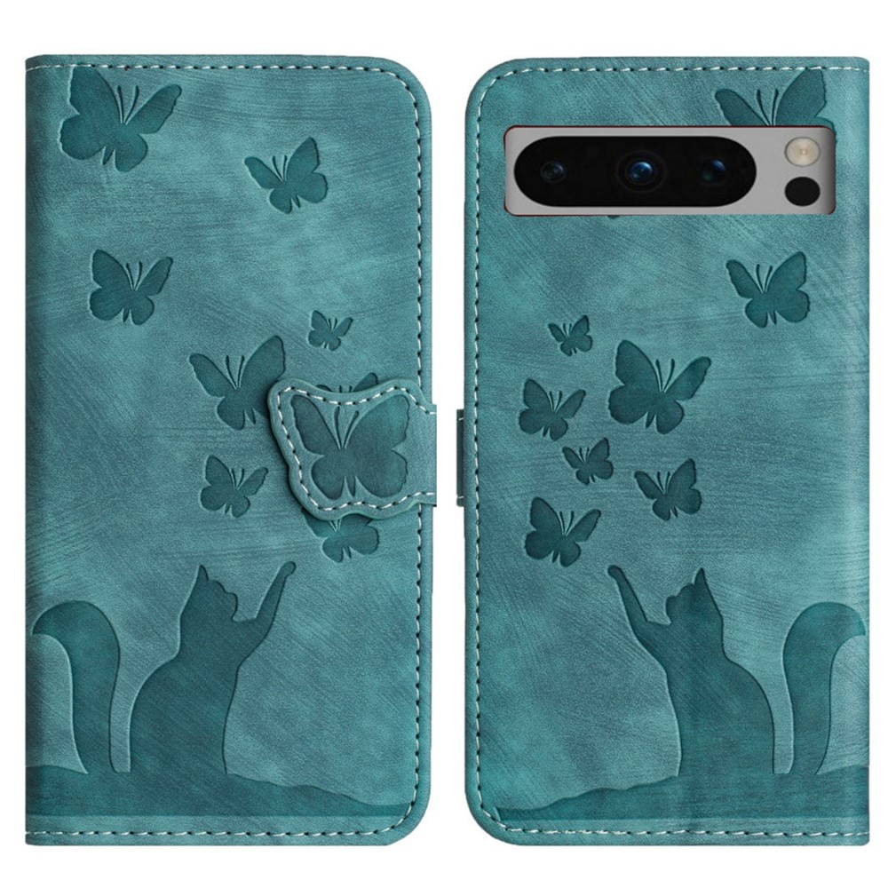 For Google Pixel 8 Pro Leather Case WANLONFENG HDM Series Butterfly Cat Pattern Wallet Phone Cover - Blue