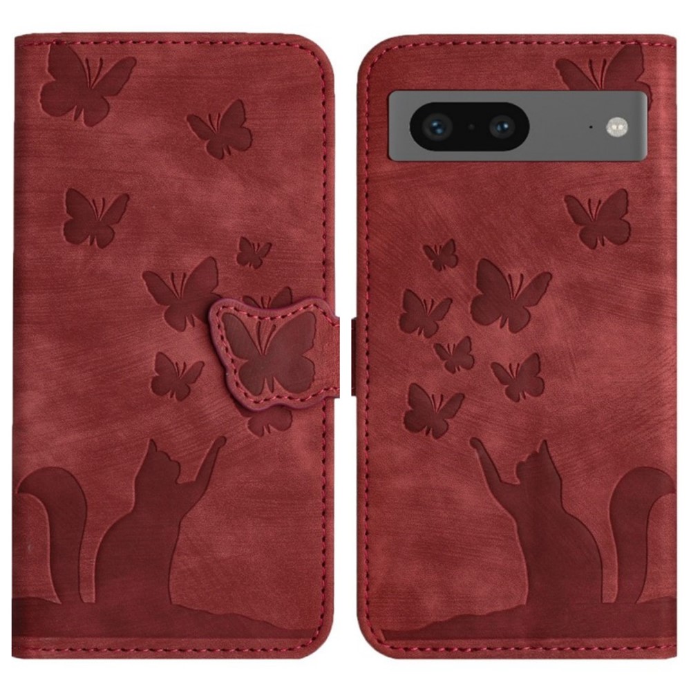 For Google Pixel 8 Leather Case WANLONFENG HDM Series Butterfly Cat Pattern Wallet Phone Cover - Wine Red