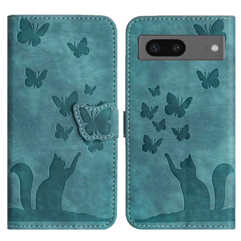 For Google Pixel 8 Leather Case WANLONFENG HDM Series Butterfly Cat Pattern Wallet Phone Cover - Blue
