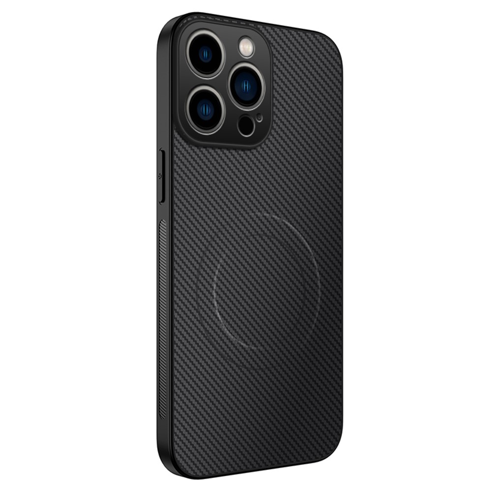 For iPhone 14 Pro Max Case Compatible with MagSafe WANLONFENG TQ Series Carbon Fiber Texture PC TPU Phone Cover - Black