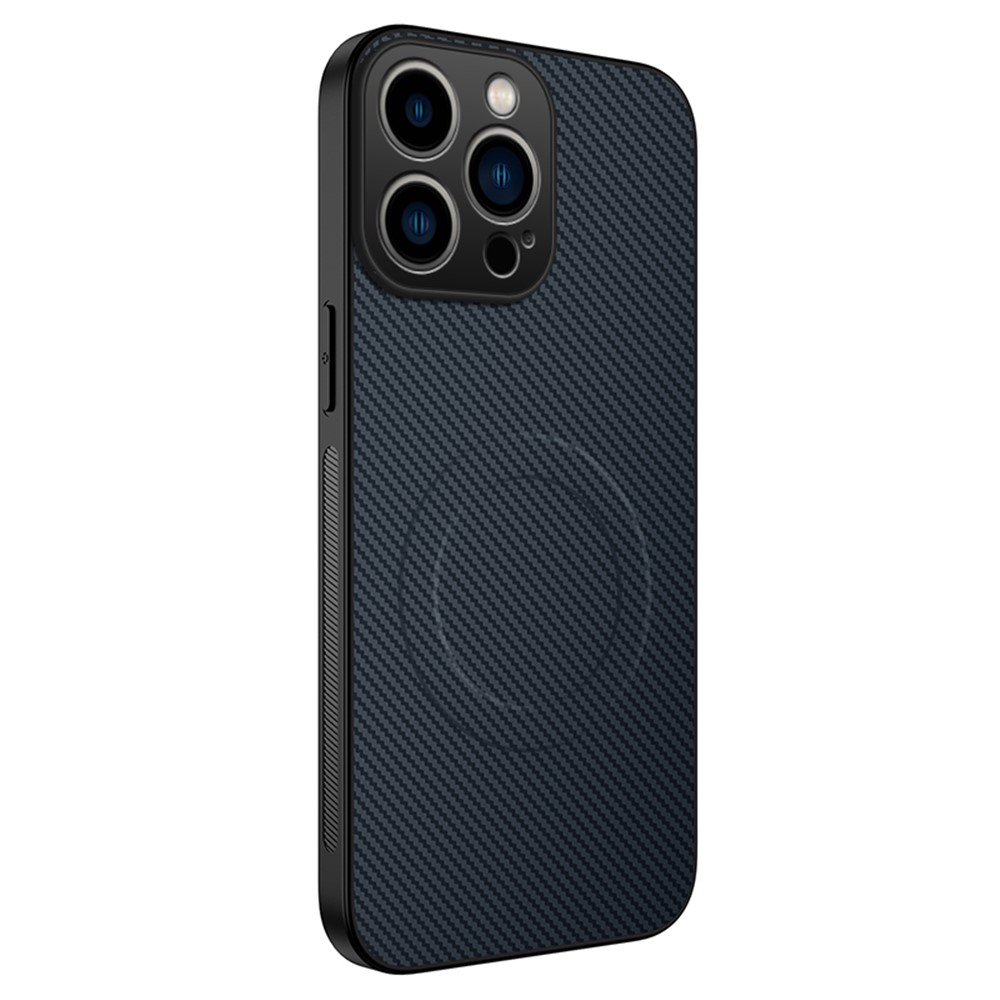 For iPhone 14 Pro Max Case Compatible with MagSafe WANLONFENG TQ Series Carbon Fiber Texture PC TPU Phone Cover - Sapphire