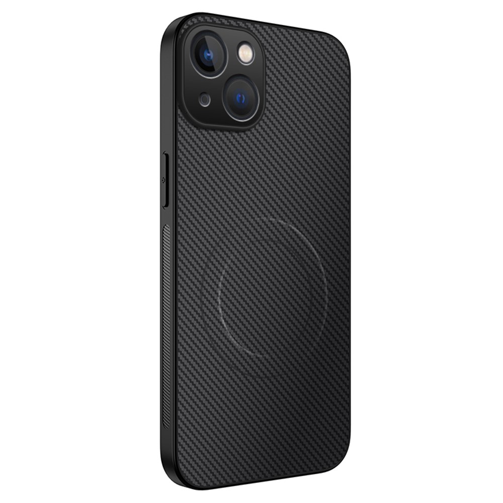 For iPhone 13 6.1 inch Case Compatible with MagSafe WANLONFENG TQ Series Carbon Fiber Texture PC TPU Phone Cover - Black