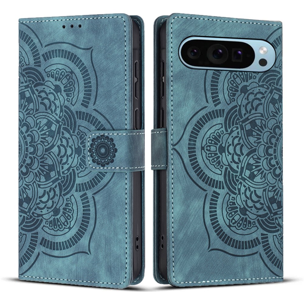 For Google Pixel 9 Leather Case WANLONFENG HDM Series Mandala Imprint Wallet Stand Phone Cover - Blue