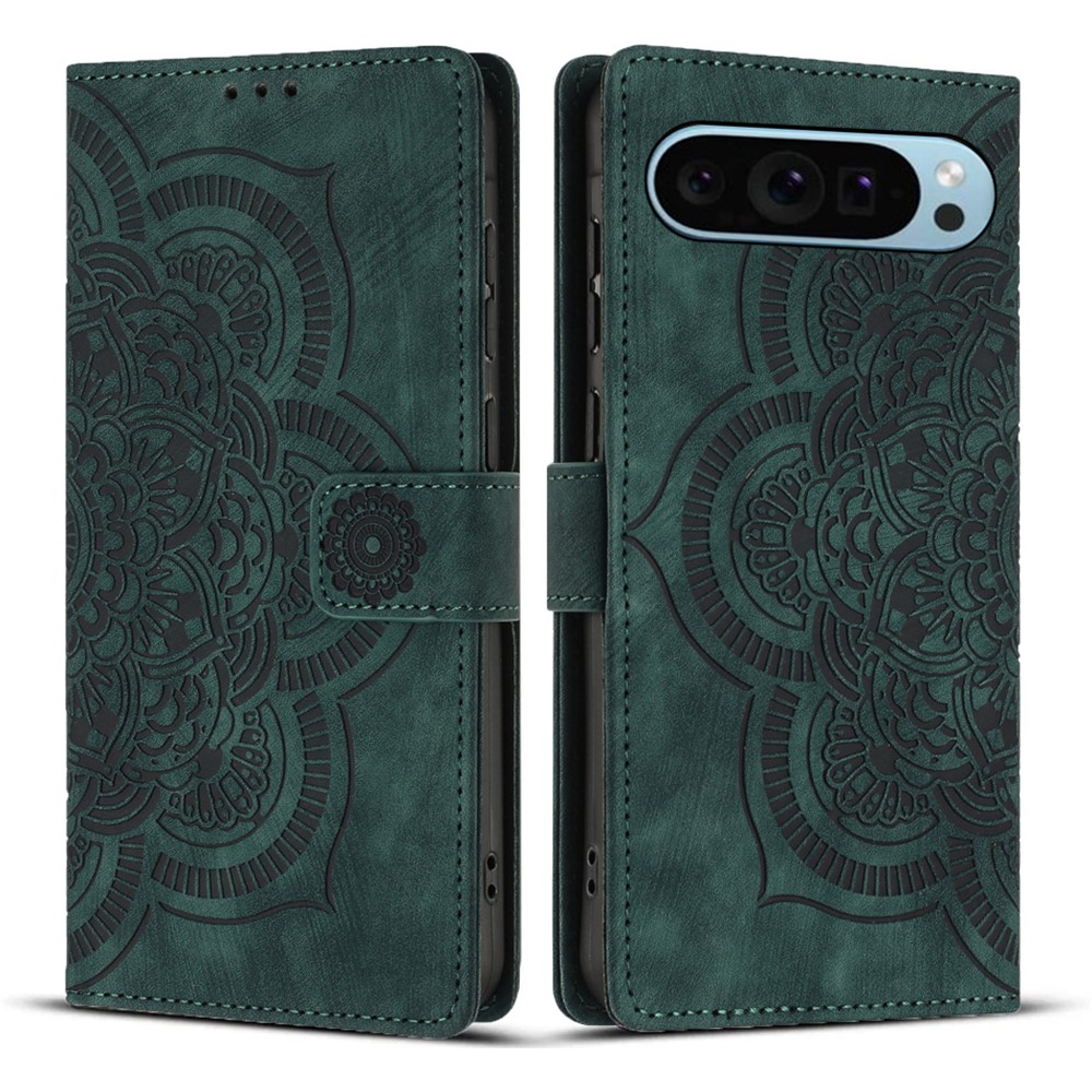 For Google Pixel 9 Leather Case WANLONFENG HDM Series Mandala Imprint Wallet Stand Phone Cover - Green