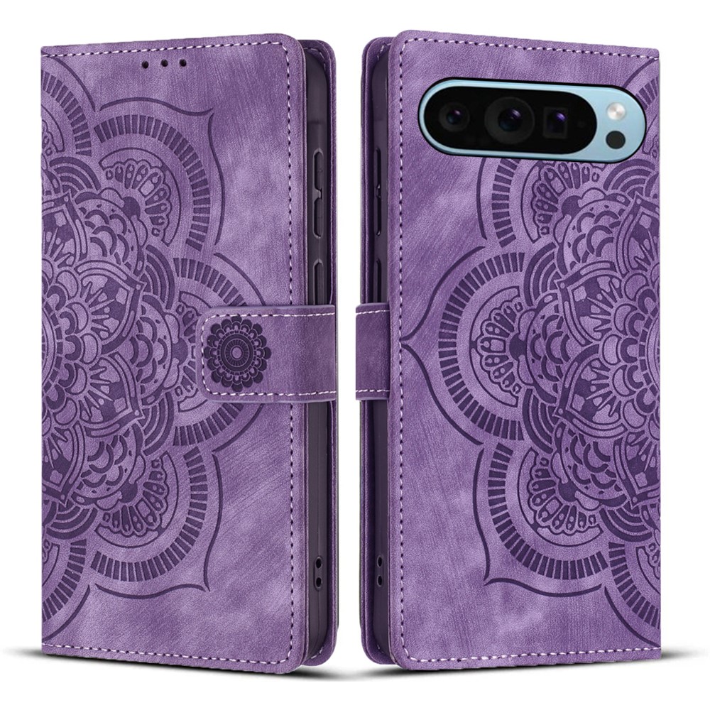 For Google Pixel 9 Leather Case WANLONFENG HDM Series Mandala Imprint Wallet Stand Phone Cover - Purple