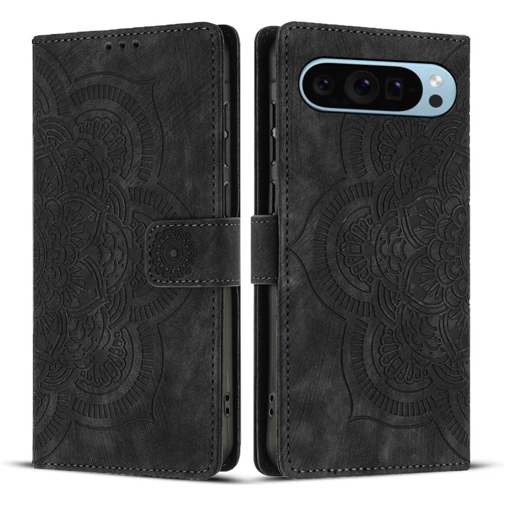 For Google Pixel 9 Pro XL Leather Case WANLONFENG HDM Series Mandala Imprint Wallet Stand Phone Cover - Black