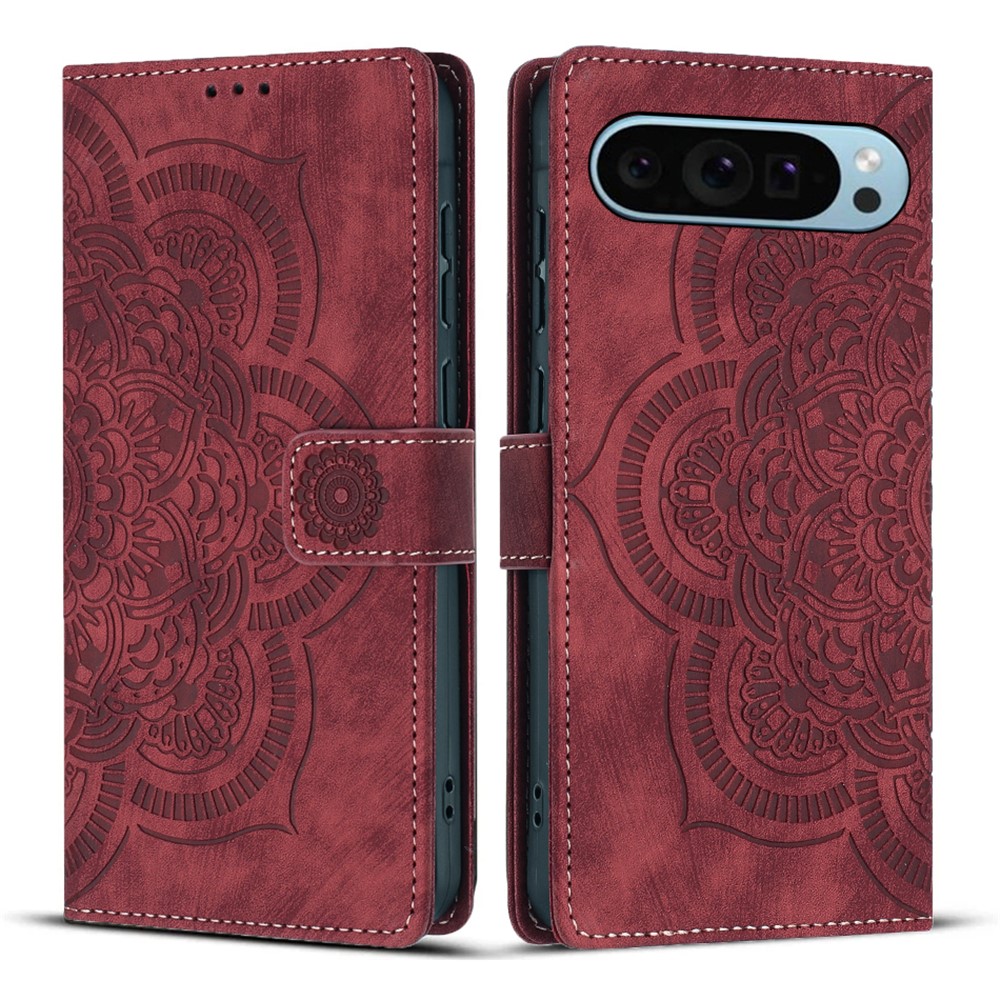 For Google Pixel 9 Pro Leather Case WANLONFENG HDM Series Mandala Imprint Wallet Stand Phone Cover - Wine Red